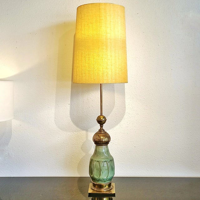 Hollywood Regency Tall Stiffel Brass and Ceramic Table Lamp For Sale - Image 3 of 13