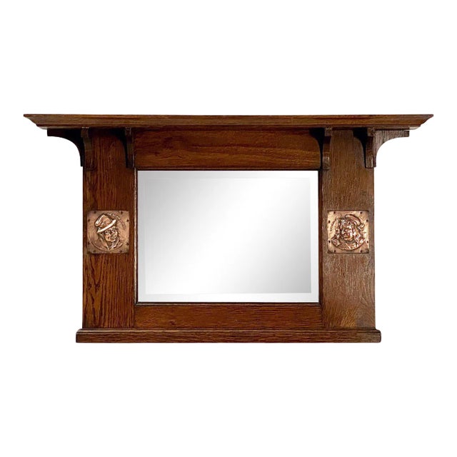 Arts and Crafts Era Beveled Overmantle Mirror With Oak Frame (H 18 X W 32) For Sale