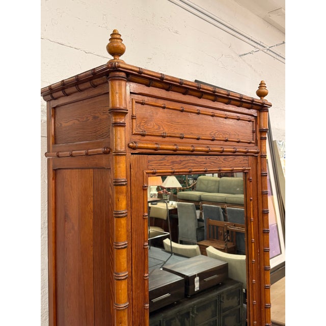 Late 20th Century R. J. Horner Style Victorian Faux Bamboo Pine Mirrored Armoire For Sale - Image 5 of 12