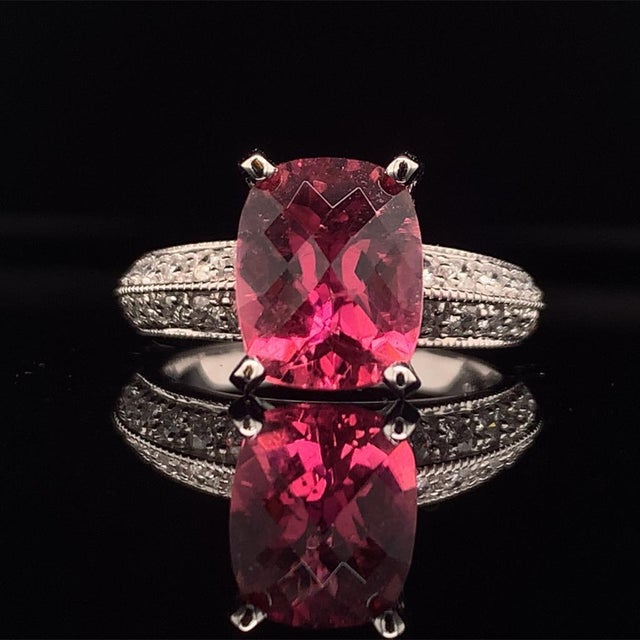Diamond Tourmaline Rubellite Ring 6.75 14k Gold 4.10 TCW Women Certified For Sale - Image 11 of 16