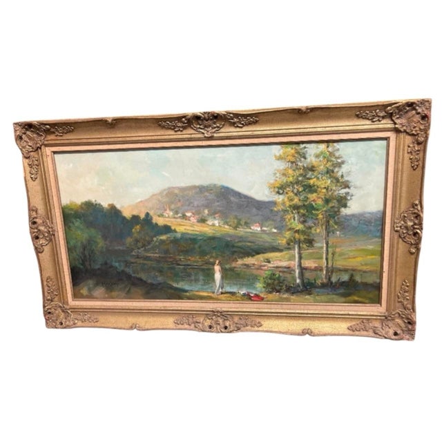 1930s Antique Painting: Pastoral Landscape With Figure by River For Sale - Image 5 of 12