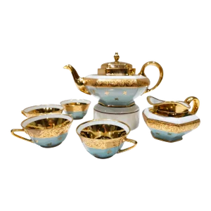 Circa 1834-1901 Ls Limoges 24k Gold Porcelain Tea Pot Creamer and Cups Set- 7 Pieces