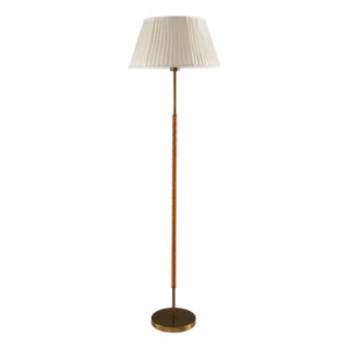 Swedish Brass and Leather Floor Lamp attributed to Böhlmarks, 1950s For Sale