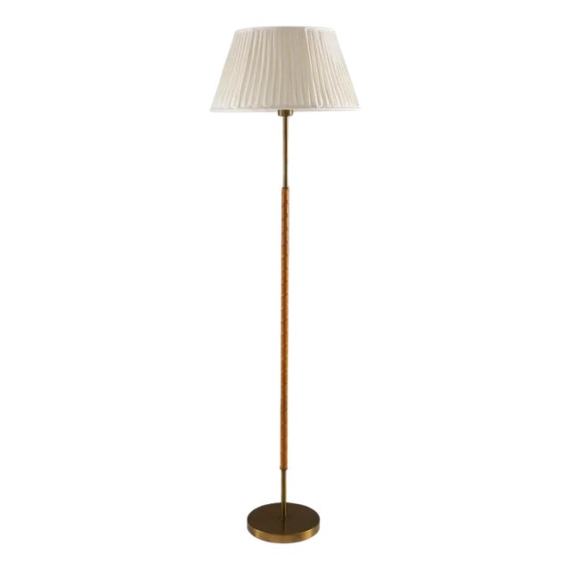 Swedish Brass and Leather Floor Lamp attributed to Böhlmarks, 1950s For Sale