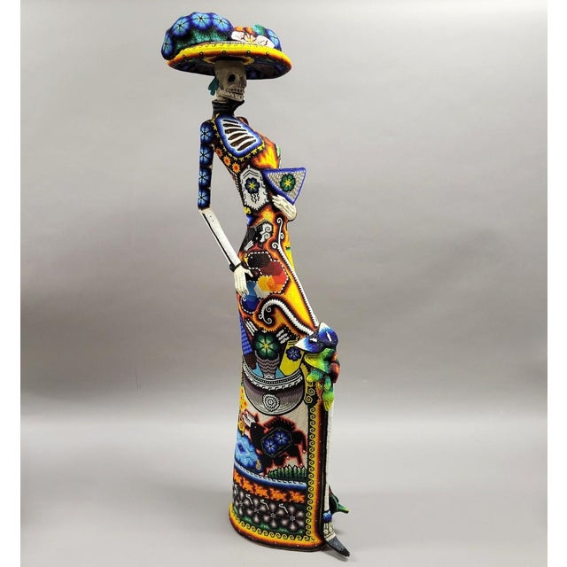 Saffron Monumental Huichol Beaded La Catrina, Day of the Dead, Sculpture, Mexico, 36” For Sale - Image 8 of 12