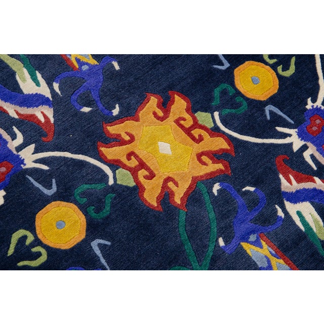 1950s Blue Chinese Vintage Peking Handmade Wool Rug With Mullticolor Dragon Design For Sale - Image 5 of 7
