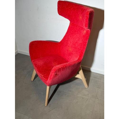 High Back Accent Lounge Chair in Red Floral Velvet For Sale - Image 6 of 8