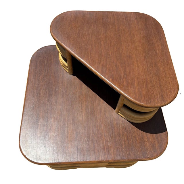 Mid-Century Two-Tier Stacked Rattan & Mahogany Coastal Side & Corner Table Set For Sale - Image 4 of 10