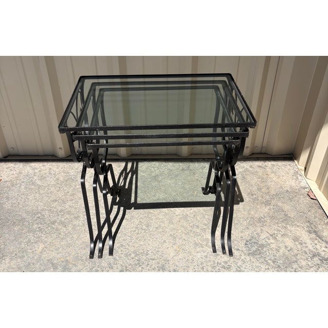 Art Deco Vintage Art Deco Set of 3 Wrought Iron and Glass Garden Patio Nesting Tables For Sale - Image 3 of 11