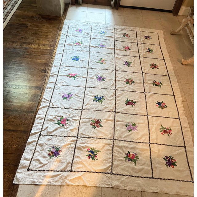 Antique Finely Hand Embroidered Flowers Linen Tablecloth For Sale - Image 9 of 9