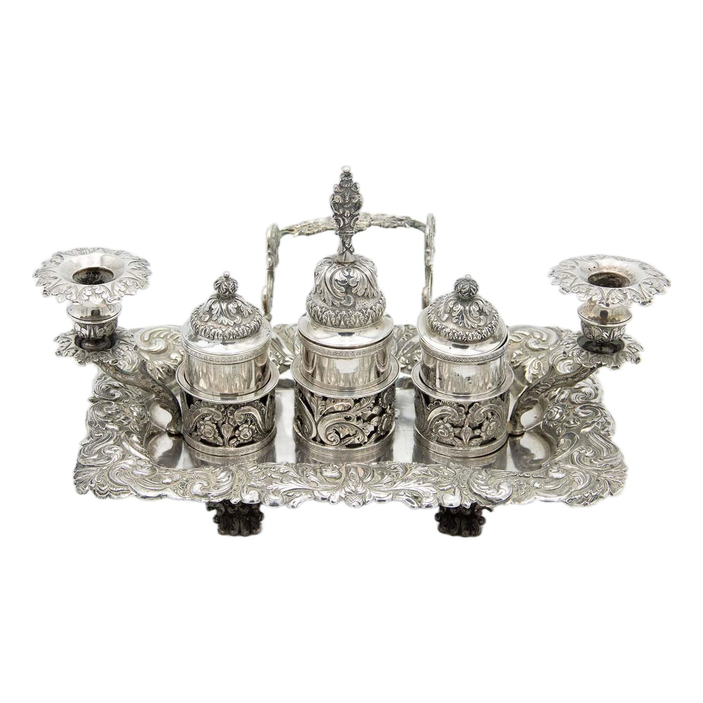 Embossed Silver Inkwell with Three Ink Tanks | Chairish