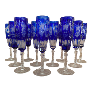 Set of 12 Nachtmann Cobalt Blue Cut to Clear Crystal Bavarian Champagne Glass 9”