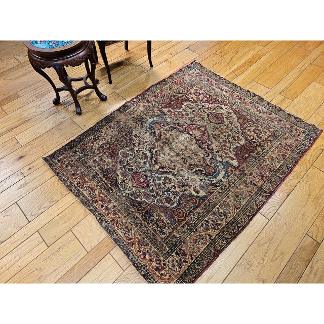 Beige 19th Century Kerman Lavar Rug, Hand-Knotted Wool, Floral Pattern, Ivory & Red, 4x5 For Sale - Image 8 of 18