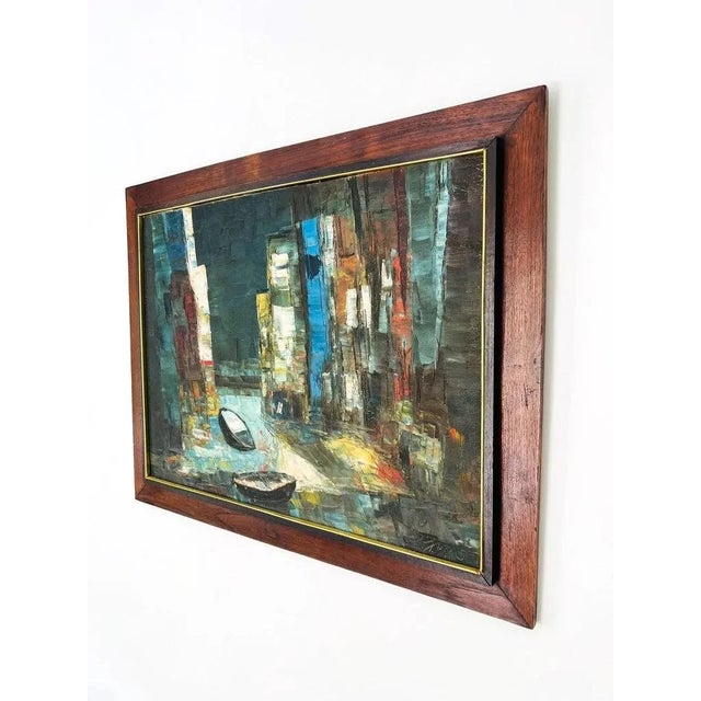 Abstract Painting in Original Wood Frame, Rowboats Oil on Board, C. 1950s For Sale In Miami - Image 6 of 13