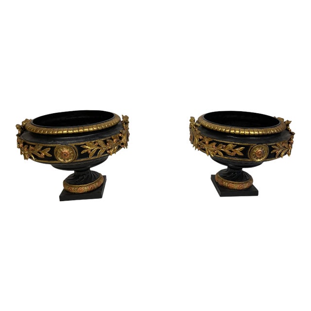 Late 19th Century Victorian Black and Gold Cast Iron Urns - a Pair For Sale