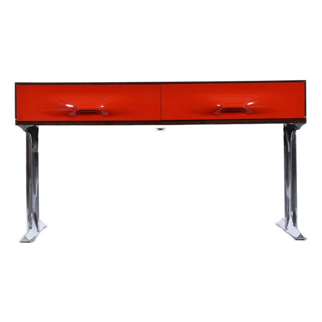 DF-2000 Rosewood Chrome Red Plastic Drawer TV Stereo Console from Raymond Loewy For Sale