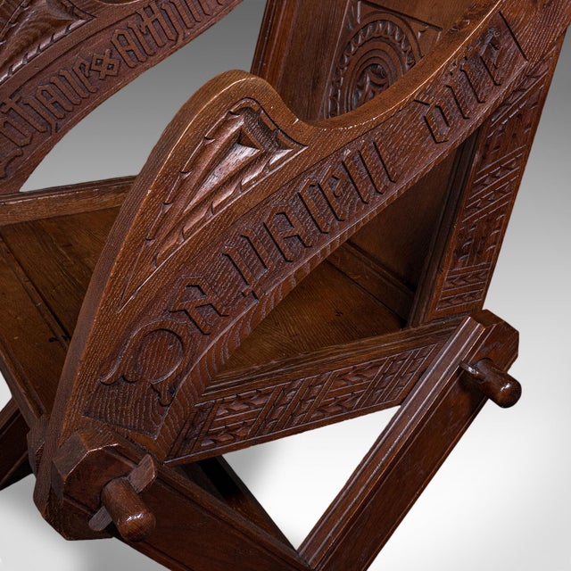 Antique Inscribed Glastonbury Chair, English, Oak, Gothic Armchair, Victorian For Sale - Image 11 of 12