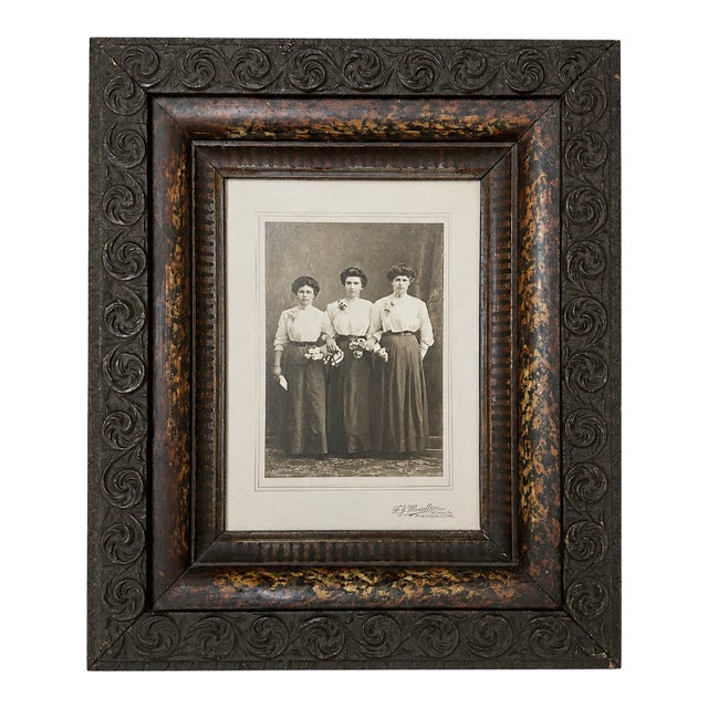 Antique Black Forest Carved Wood Frame With Original Sepia Protrait Photograph, Ansonia Ct Studio, Deep Profile Frame For Sale