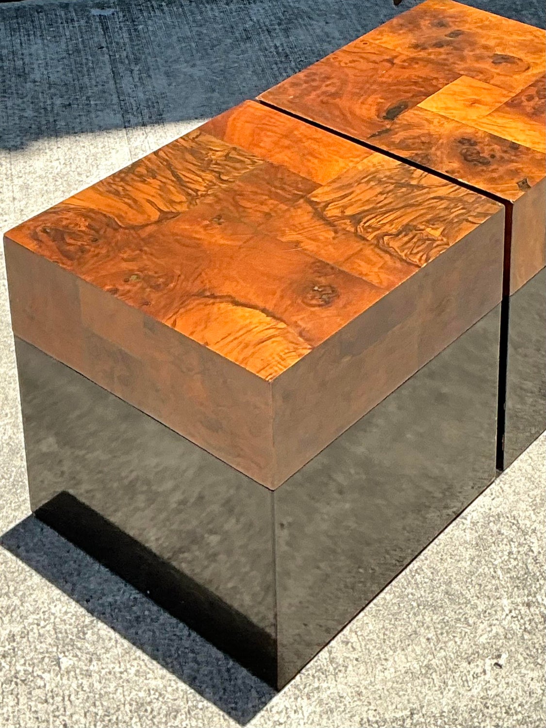 Vintage Burl Parquet Low Drinks Tables - A Pair - Back view