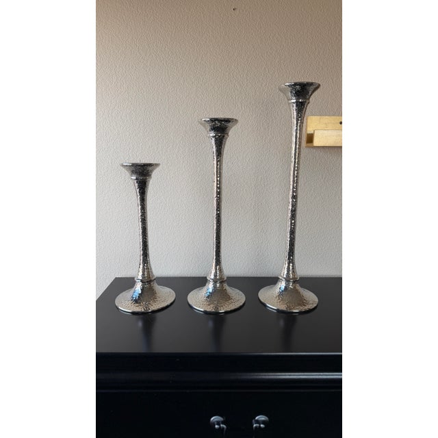 Set of Three Arteriors Home Hammered Nickel Candlesticks For Sale - Image 9 of 11