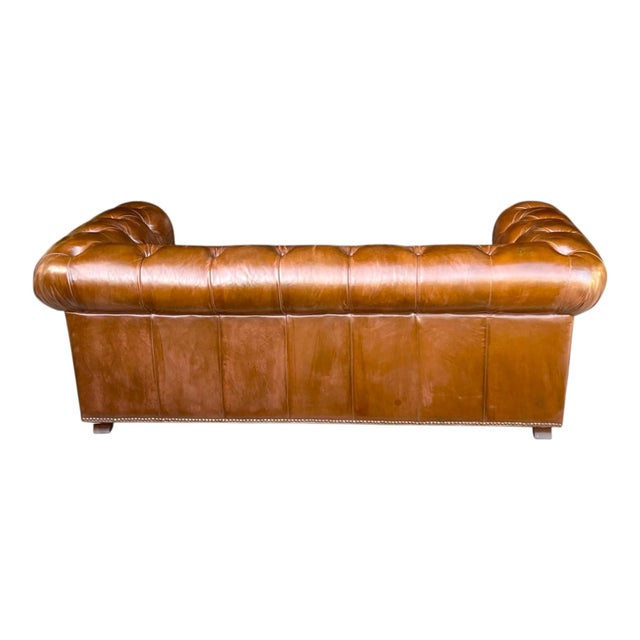 1970s Vintage Chesterfield Tufted Leather Sofa, Fully Restored With Brass Nail Head Trim For Sale - Image 5 of 11