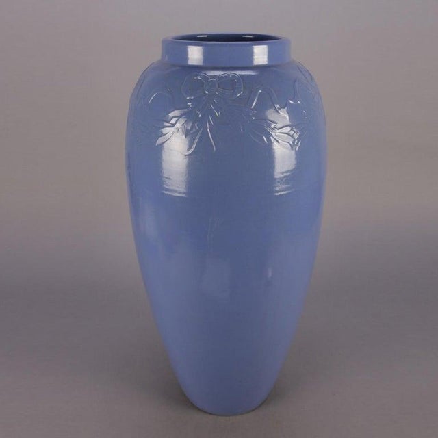 Early 20th Century 2 Arts & Crafts McCoy School Pottery Periwinkle Swags & Bows Floor Vases For Sale - Image 4 of 11