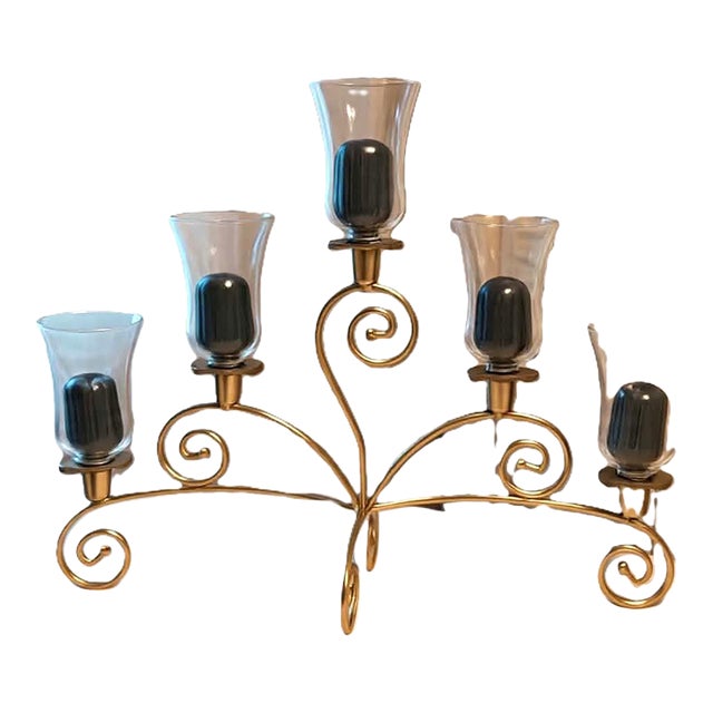Vintage Home Interior 5Arm Candelabra W/Votive Glas Cups W/Hearts & Ribbons Embellishment For Sale
