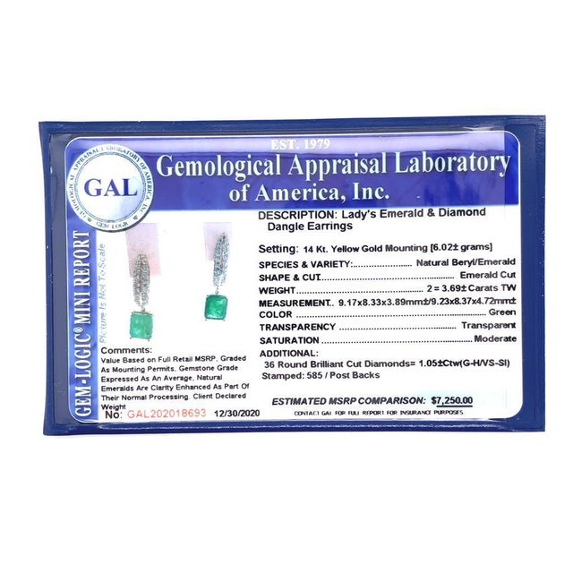 Diamond Emerald Earrings 4.74 TCW 14 Karat White Gold Certified For Sale - Image 9 of 12