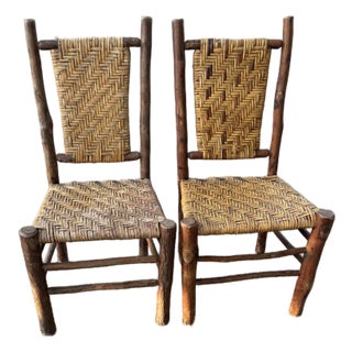 Early 20th Century Pair Rustic Old Hickory Rattan Chairs For Sale