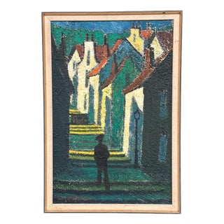 Erik Håfström, Promenad Mellan Hus, 1950s, Oil on Panel, Framed For Sale