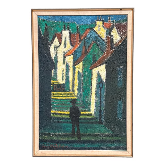 Erik Håfström, Promenad Mellan Hus, 1950s, Oil on Panel, Framed For Sale