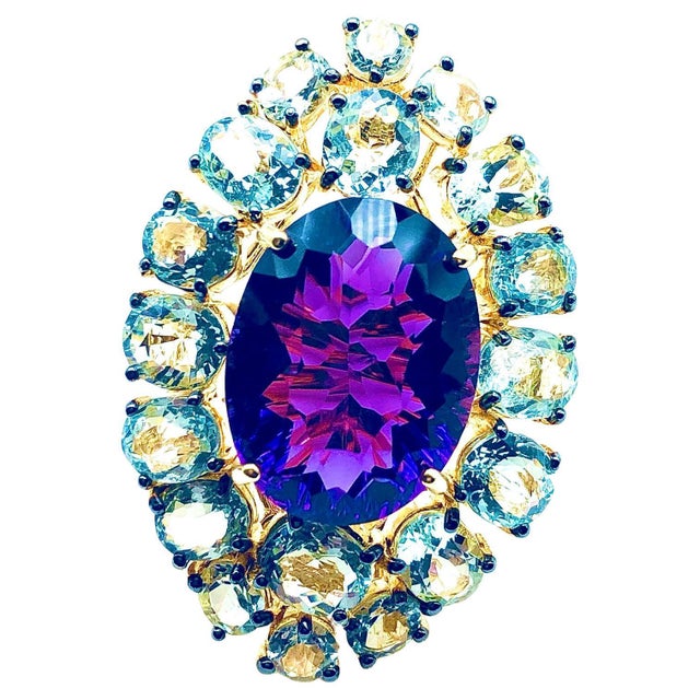Bochic "Orient" Natural Amethyst & Aquamarine Ring Set In 18K Gold & Silver For Sale - Image 15 of 18
