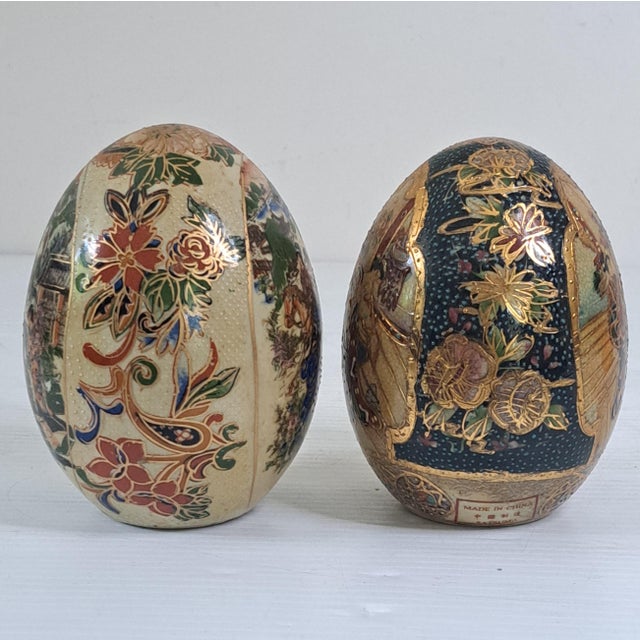 Chinese Vintage Pair Chinese Satsuma‑Style Hand‑Painted Porcelain Eggs 5" For Sale - Image 3 of 10