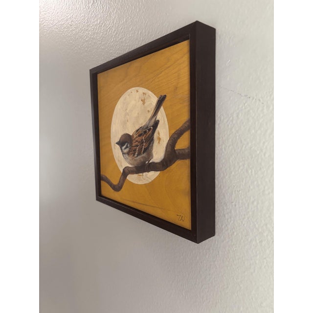 Figurative Sparrow by Terra Novak | Oil on wood Painting of a sparrow perched on a branch with a moon background For Sale - Image 3 of 5