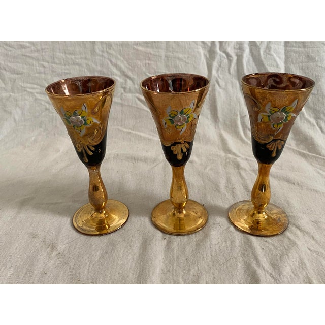 Gold Vintage Mid-Century Bohemian Glass Cordial Set- 7 Pieces For Sale - Image 8 of 11