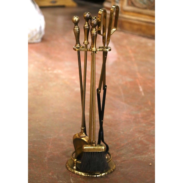 Metal Mid-Century French Brass and Iron Five-Piece Fireplace Tool Set For Sale - Image 7 of 9