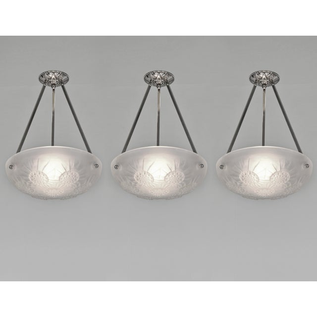 French Art Deco Pendant Light - Frosted Glass Bowl by Noverdy 1930s - 3 Available For Sale - Image 12 of 12
