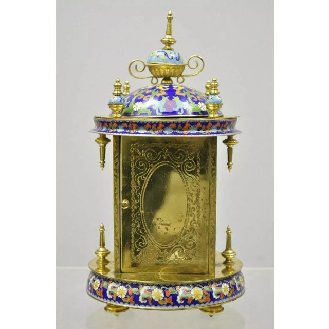 Late 20th Century Vintage Chinese Cloisonne Brass Figural Porcelain Enamel Mantel Clock For Sale - Image 5 of 12