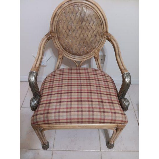 Tan Vintage Bamboo Rattan Dining Armchair Metal Accents Set of 4 For Sale - Image 8 of 14