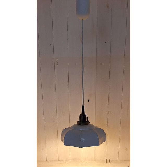 Metal Vintage Ceiling Lamp with White Segmented Metal Shade on Brass Mount, 1990s For Sale - Image 7 of 7