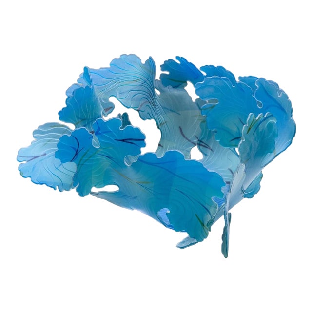 Janet Kelman Seafan Series Signed Contemporary Studio Glass Azure Blue Leaf Bowl For Sale