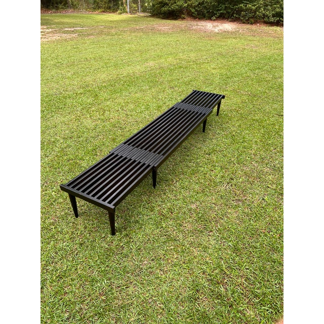 Wood Midcentury Expandable Slatted Wood Bench Attributed to John Keal for Brown Saltman For Sale - Image 7 of 10