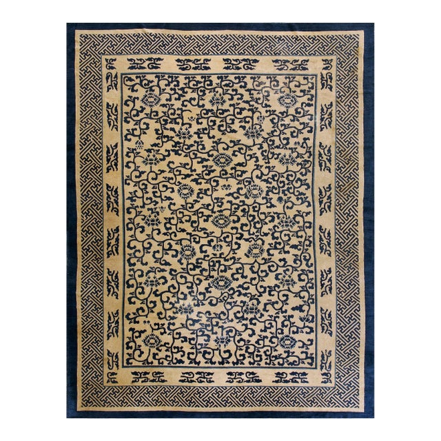 1870s Tan Camel Foliate Antique Chinese Peking Rug 8' 10" X 11' 6" Handknotted Wool Carpet For Sale