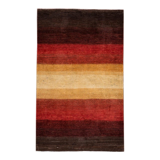 Early 21st Century Modern Gabbeh Beige Handmade Geometric Wool Rug For Sale