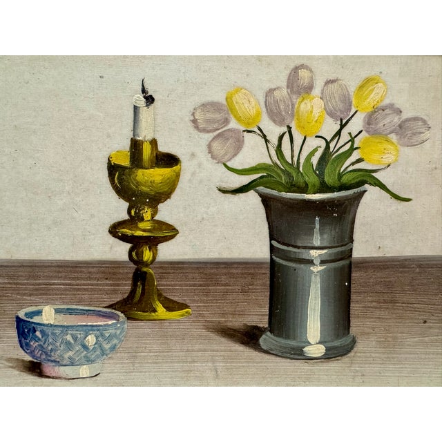Original oil on board still life showing a floral arrangement, candlestick, and bowl. Signed lower right V. Weley....