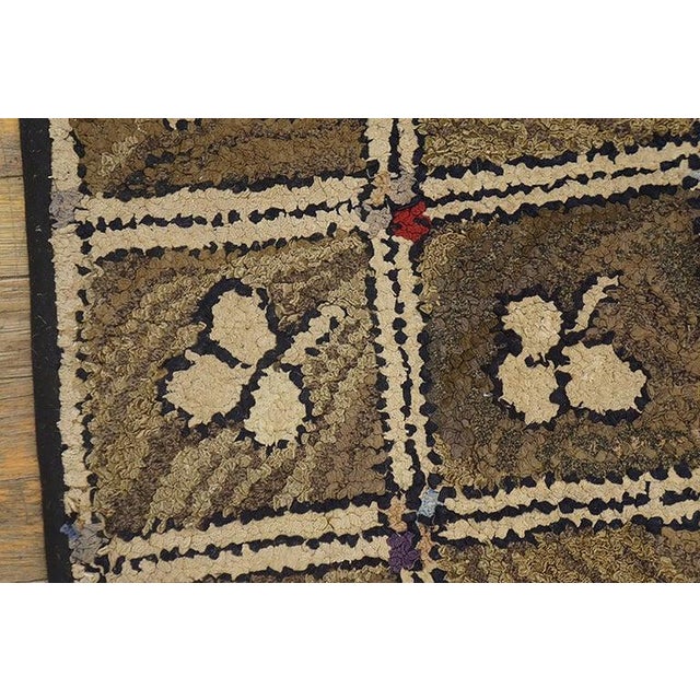 1900 - 1909 1900s Small Brown Earth Tone Geometric Folk Art Antique American Hooked Rug For Sale - Image 5 of 7