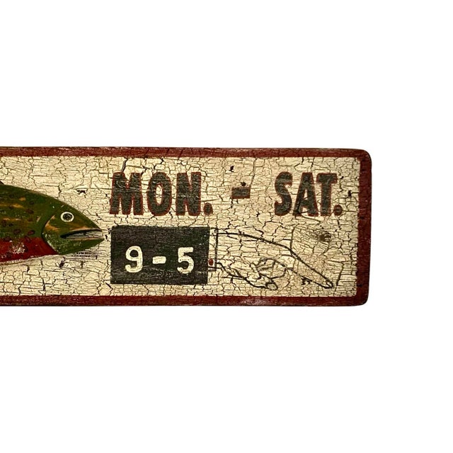 Late 20th Century Fishing Sign Large Wood With Trout 3d Design Cracked Paint Finish Vintage Cabin Decor For Sale In Tulsa - Image 6 of 8