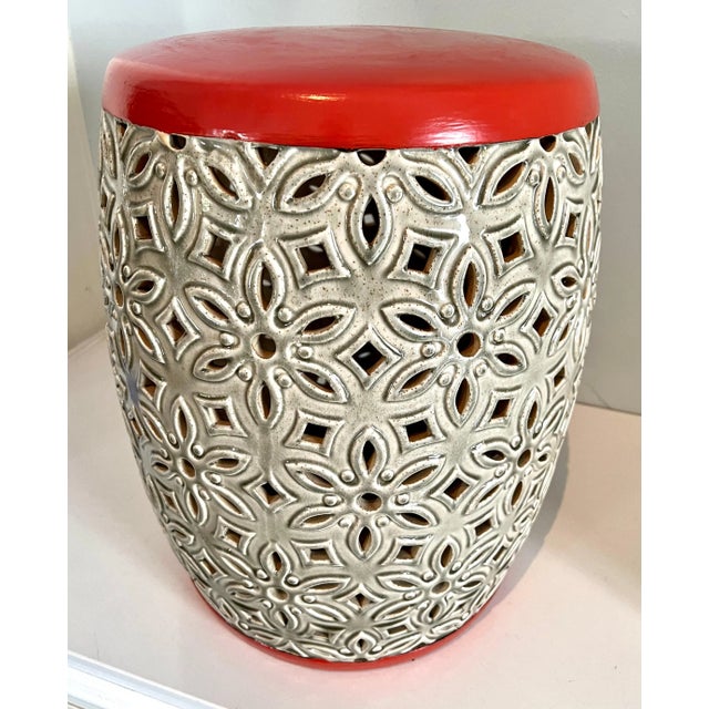 Ceramic Orange Top Ceramic Detailed Garden Stool or Side Table For Sale - Image 7 of 13
