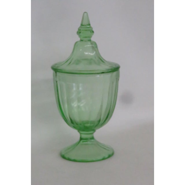 Green Paneled Depression Glass Candy Dish Footed Jar With Pointed Lid 4844b For Sale - Image 10 of 14
