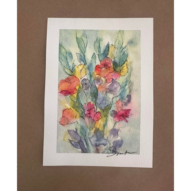 A lively, expressive bouquet of garden flowers comes to life in this original watercolor and ink painting. Coral, rose...